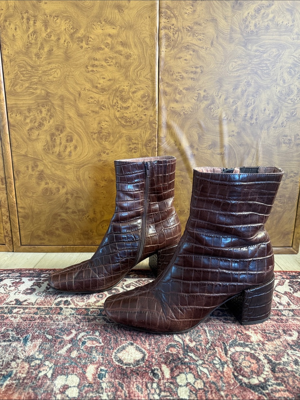 Jeffrey Campbell Brown Croc-Embossed Ankle Boots